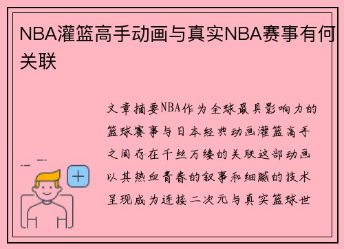 NBA灌篮高手动画与真实NBA赛事有何关联